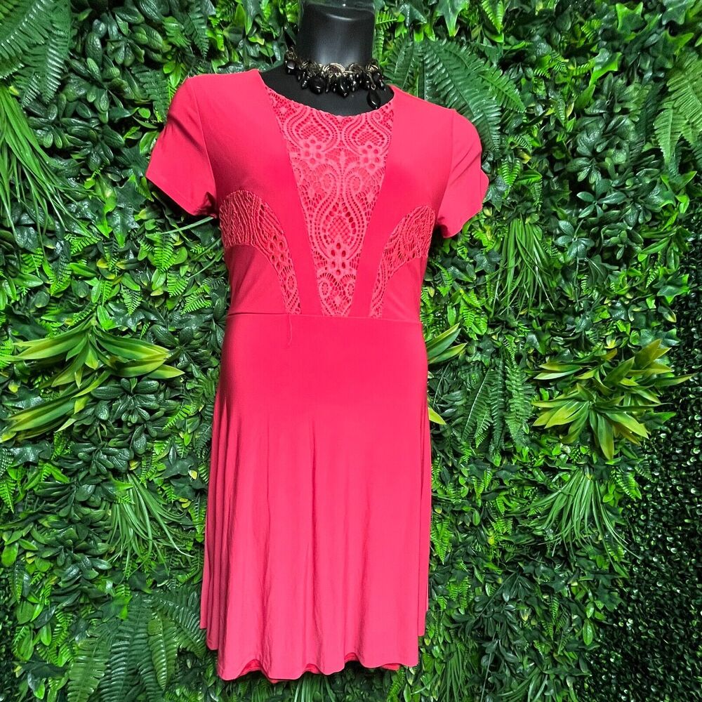 NINA PIU Dress Women Large Coral Pink Lace Fit Flare Skater Stretch ‎ 1297